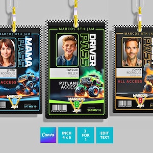 Puede incluir: Tres plantillas de tarjetas de identificación negras y amarillas con gráficos de monster truck. El texto en las tarjetas dice "Marcos 8th Jam" e incluye las palabras "Mama Pass", "Driver Pass" y "Daddy Pass".