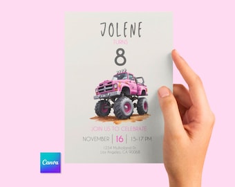 May include: A pink monster truck birthday invitation with the name "Jolene" and the number "8". The invitation includes the text "Join us to celebrate" and the date and time of the party. The Canva logo is in the bottom left corner.