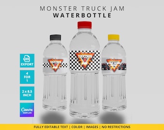 Editable Monster Truck Jam inspired Water Bottle Label | 5 Customizable Logo Versions | Monster Jam Birthday Decoration | Decor & Gifts