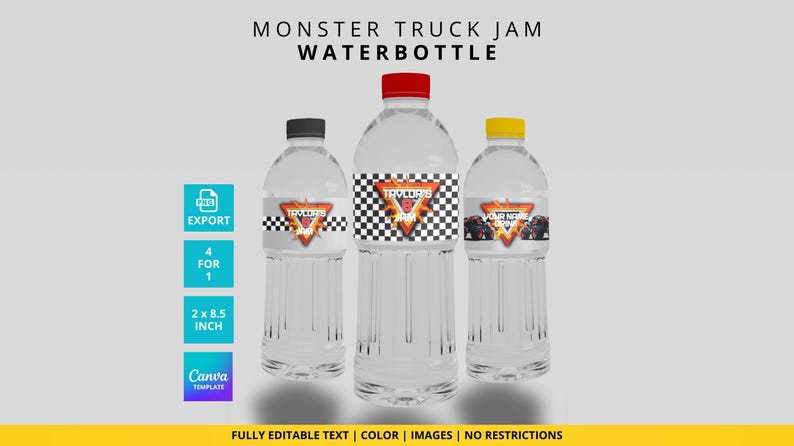 May include: Three clear plastic water bottles with labels featuring a monster truck design. The labels have a black and white checkered pattern, a red and yellow triangle with flames, and the words "Monster Truck Jam".