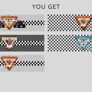 May include: Four different designs for a monster truck party favor. The designs feature a black and white checkered background with a monster truck logo. The logos include "Your Name Drink", "Taylor's 8 Jam", "Taylor's 8 Jam", and "Taylor's 8 Jam".