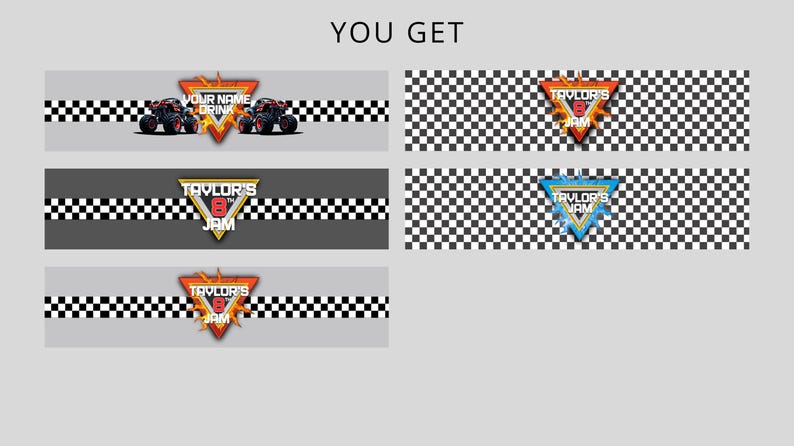 May include: Four different designs for a monster truck party favor. The designs feature a black and white checkered background with a monster truck logo. The logos include "Your Name Drink", "Taylor's 8 Jam", "Taylor's 8 Jam", and "Taylor's 8 Jam".