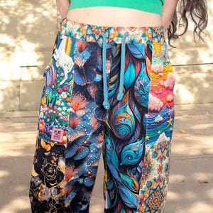 Boho Patchwork Joggers Frauen | Bunte Haremshose Jogginghose M | Einzigartige handgemachte Baumwollhose mit Taschen