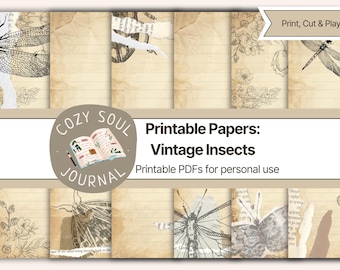 Junk Journal Papers | Vintage Butterfly, Moth, Dragonfly and Beetle Scrapbook Papers | US Letter