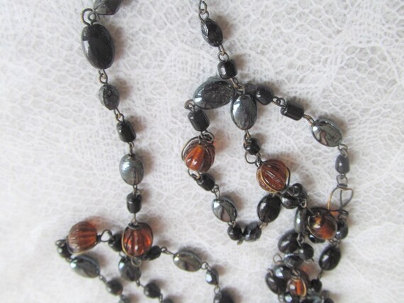 Vintage wire beaded necklace w black and brown be… - image 1