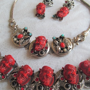 SELRO signed rare vintage Noh OKINA Red Devil full jewelry set from the 1950&#39;s