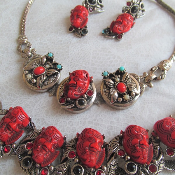 SELRO signed rare vintage Noh OKINA Red Devil full jewelry set from the 1950's