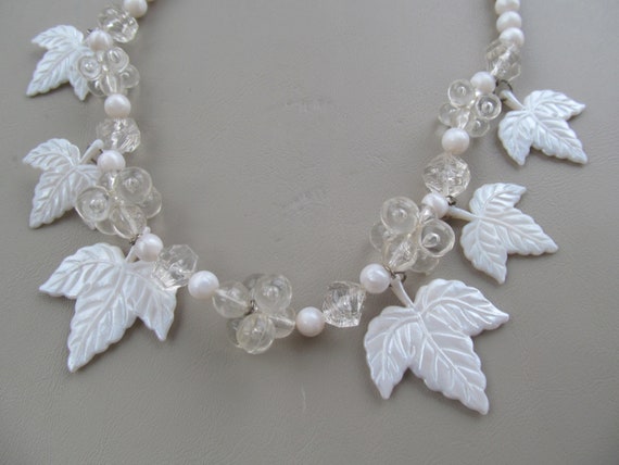 Vintage White Lucite Grape and Leaf Necklace - image 1