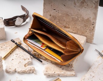 Custom Leather Zipper Wallet For Women, Slim And Compact Long Wallet, Multi-Compartment Organizer, Unisex Travel Wallet, Clutch Wallet Gift