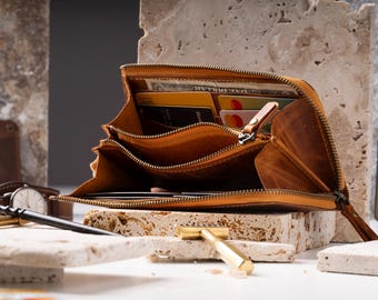 Handmade Leather Zipper Wallet For Women, Large Capacity Organizer With Multiple Card Slots, Slim Clutch Purse, Personalized Calfskin Wallet
