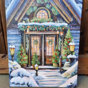Christmas house original painting large Acrylic painting in the interior