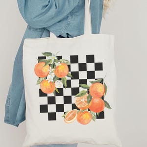 Orange Canvas Tote for summer Vacation Farmers Market Bag Aesthetic Tote Bag summer print citrus lover Gift Checkered Fruit Tote Oranges