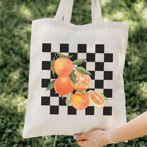 Orange Canvas Tote for summer Vacation Farmers Market Bag Aesthetic Tote Bag summer print citrus lover Gift Checkered Fruit Tote Oranges