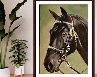 May include: A framed painting of a black horse's head, wearing a bridle with gold accents. The horse is set against a green background. The artwork is signed "M.RAZA" in the lower right corner. The frame is dark brown.
