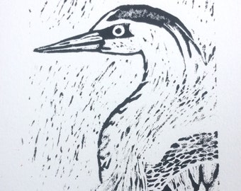 HERON Lino Print Bird Art Stork linoprint, One Unframed A4 Linocut Print of Wild Bird, Wildlife Art hand Pulled Black Ink Print Limited Edit