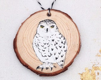 Wood Snowy Owl Christmas Ornament ONE Snowy Owl Holiday Decoration, Rustic Owl Decoration Christmas Ornament Handpainted Owl Hygge Christmas