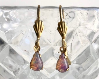 Pink Opal Glass Drop Earrings, Pink Opalescent teardrop & Gold Tone Dangle Earrings, Pink Dichroic Glass hook earrings, Vintage Components