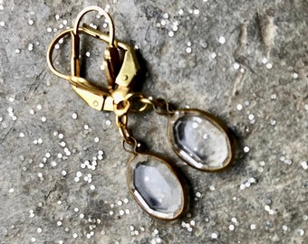 Clear Glass Oval Drop Earrings, Clear Cut Ice Gem & Gold Tone Dangle Earrings, Clear Oval hook earrings, Vintage Acrylic Components