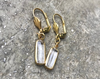 Clear Glass Baguette Drop Earrings, Clear Gem & Gold Tone Dangle Earrings, Clear Baguette hook earrings, Vintage Acrylic Components