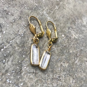 Clear Glass Baguette Drop Earrings, Clear Gem & Gold Tone Dangle Earrings, Clear Baguette hook earrings, Vintage Acrylic Components image 1