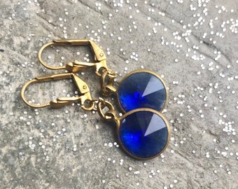 Dark Blue Glass Drop Earrings, Round Sapphire Blue Gem & Gold Tone Dangle Earrings, Faceted Rivoli Blue hook earrings, Vintage Components