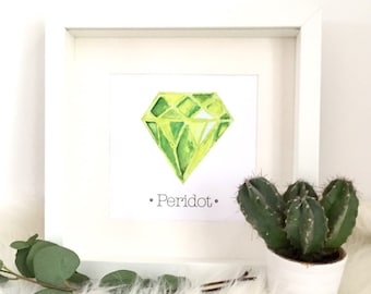 Peridot AUGUST Birthstone Print Art Crystal Lino Print & Watercolor UNFRAMED Birthstone Green Gemstone Birthstone Print AUGUST Baby Shower