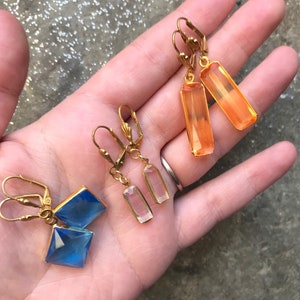 Clear Glass Baguette Drop Earrings, Clear Gem & Gold Tone Dangle Earrings, Clear Baguette hook earrings, Vintage Acrylic Components image 9