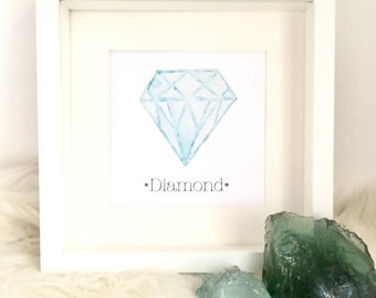 Diamond Birthstone Print Art APRIL Crystal Lino Print & Watercolor UNFRAMED April Birthstone Gemstone Birthstone Print Engagement Present