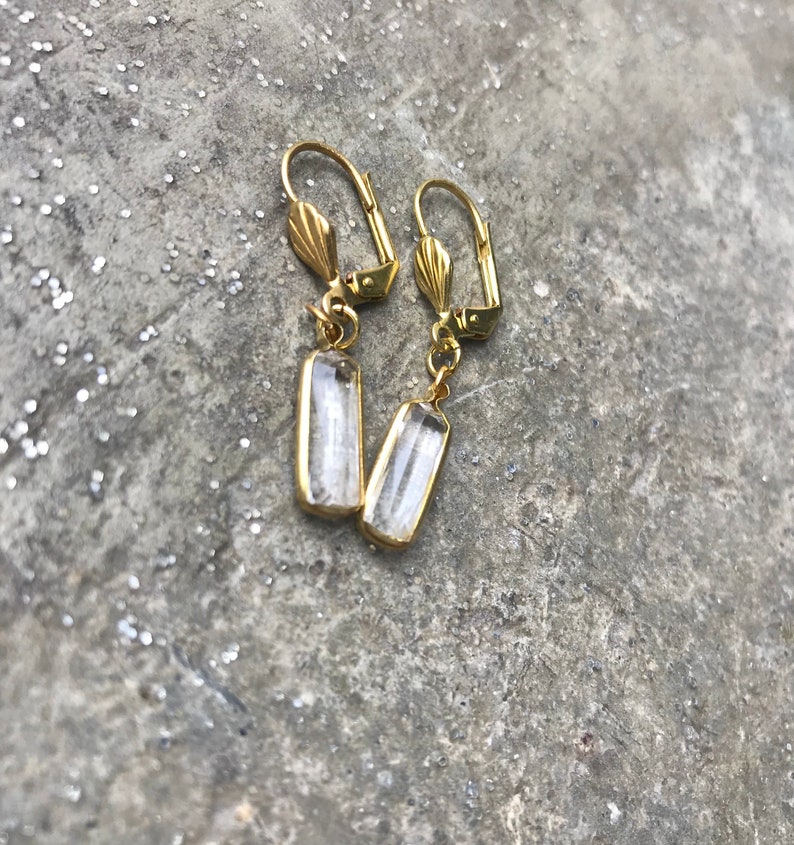 Clear Glass Baguette Drop Earrings, Clear Gem & Gold Tone Dangle Earrings, Clear Baguette hook earrings, Vintage Acrylic Components image 1