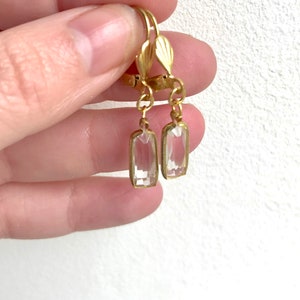 Clear Glass Baguette Drop Earrings, Clear Gem & Gold Tone Dangle Earrings, Clear Baguette hook earrings, Vintage Acrylic Components image 7