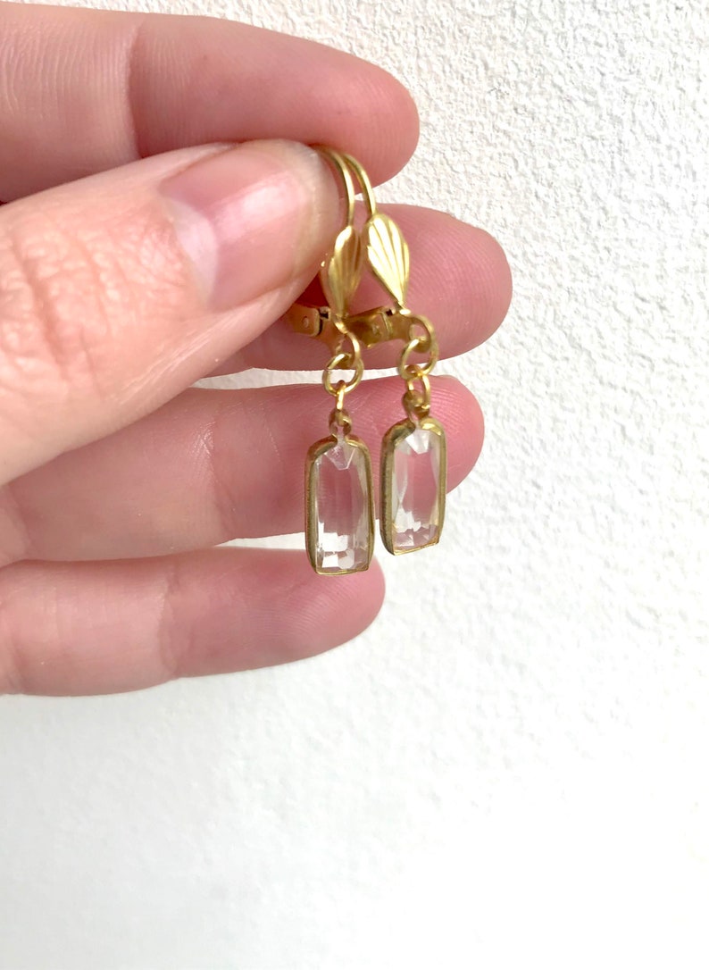 Clear Glass Baguette Drop Earrings, Clear Gem & Gold Tone Dangle Earrings, Clear Baguette hook earrings, Vintage Acrylic Components image 7
