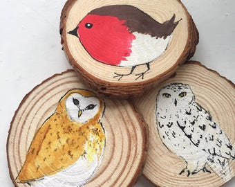 CHOOSE  2 Bird Holiday Ornaments Christmas Birds Decorations Barn Owl, Snowy Owl,  Robin Ornament TWO Christmas Decorations Robin Owl Decor