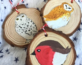 Bird Holiday Ornaments THREE Christmas Birds Decorations Barn Owl, Snowy Owl,  Robin Ornament THREE Christmas Decorations Robin Owl Decor