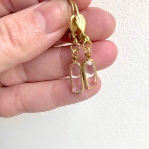 Clear Glass Baguette Drop Earrings, Clear Gem & Gold Tone Dangle Earrings, Clear Baguette hook earrings, Vintage Acrylic Components image 3