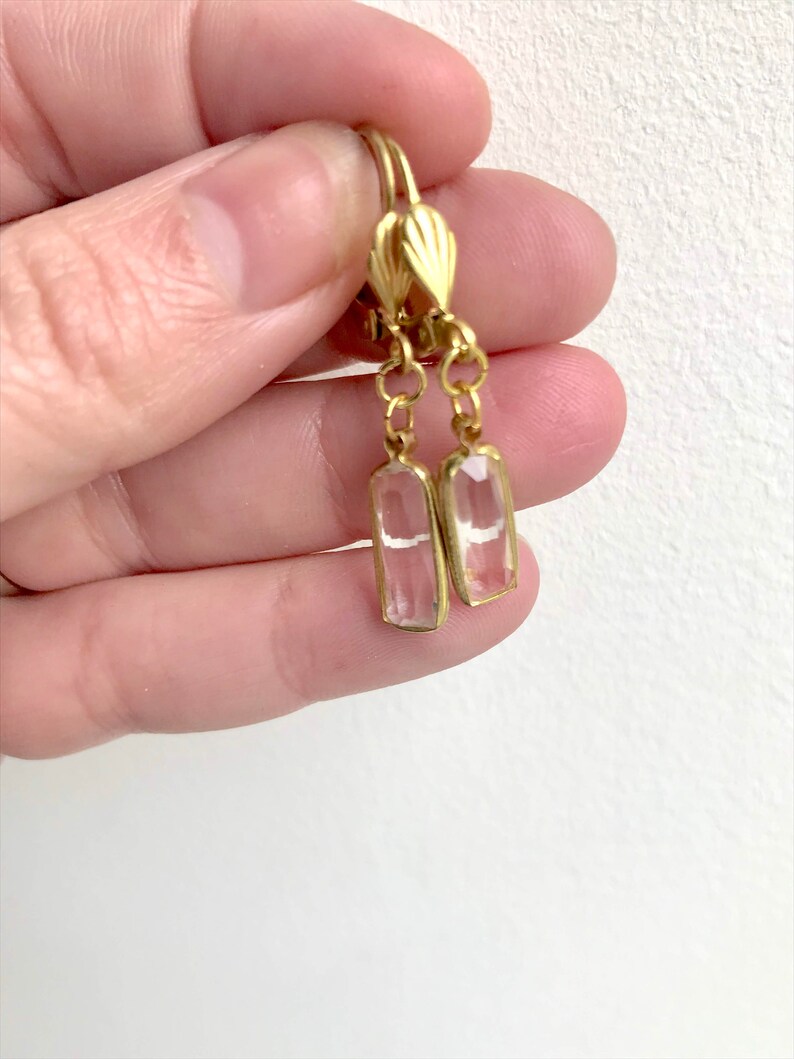 Clear Glass Baguette Drop Earrings, Clear Gem & Gold Tone Dangle Earrings, Clear Baguette hook earrings, Vintage Acrylic Components image 3