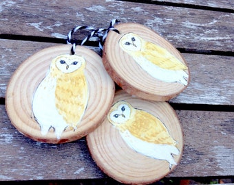 Wooden Barn Owl Christmas Ornaments THREE Barn Owl Holiday Decorations, Rustic Owl Decorations Christmas Ornaments Handpainted Owl Hygge