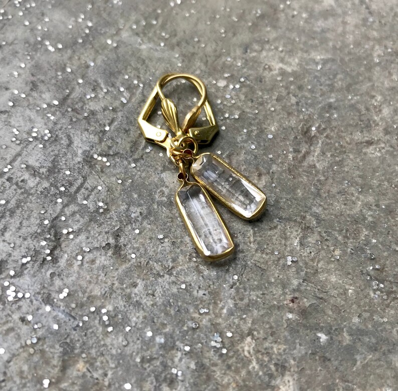 Clear Glass Baguette Drop Earrings, Clear Gem & Gold Tone Dangle Earrings, Clear Baguette hook earrings, Vintage Acrylic Components image 5