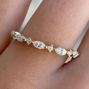 Alternating Marquise & Round Cut Lab-Grown Diamond or Moissanite Wedding Band, 14K Half Eternity Band
