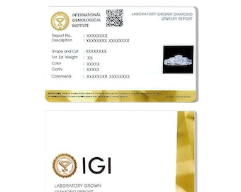 May include: Two white IGI Laboratory Grown Diamond Report cards. The top card has the text "Sample IGI Certificate" and details including "Report No.", "Description", "Shape and Cut", "Tot. Est. Weight", "Color", "Clarity", and "Comments". The bottom card has the IGI logo.