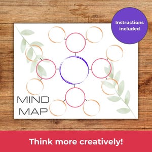 May include: A printable mind map template with a central circle and six surrounding circles connected by lines. The circles are outlined in pink and orange, and the central circle is outlined in purple. The text "MIND MAP" is printed in black at the bottom of the page. The text "Think more creatively!" is printed in black at the bottom of the page.