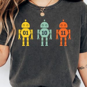 Könnte beinhalten: Dunkelgraues T-Shirt mit drei bunten Roboter-Grafiken. Die Roboter sind gelb, türkis und orange, jeder mit einer Nummer: 01, 10 und 11. Das Shirt hat einen Vintage-Look, mit dem Markennamen "orvix." unten.