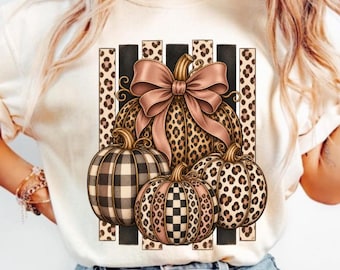 Leopard Pumpkin Bow T-Shirt, Fall Pumpkin Gift, Autumn Leopard Graphic Tee, Buffalo Plaid Pumpkin Shirt, Cute Fall Gift!