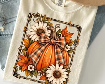 Fall Pumpkin T-Shirt, Autumn Pumpkin Gift, Sunflower Pumpkin Graphic Tee, Plaid Bow Harvest Shirt, Thanksgiving Fall Decor