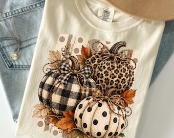 Fall Pumpkin T-Shirt, Leopard Pumpkin Harvest Gift, Buffalo Plaid Autumn Gift, Cozy Thanksgiving Graphic Tee