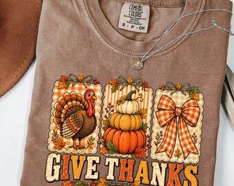 GIVE THANKS T-Shirt, Thanksgiving Family Celebration Gift, Pumpkin Harvest Lover Gift, Cozy Autumn Fall Design Graphic Tee