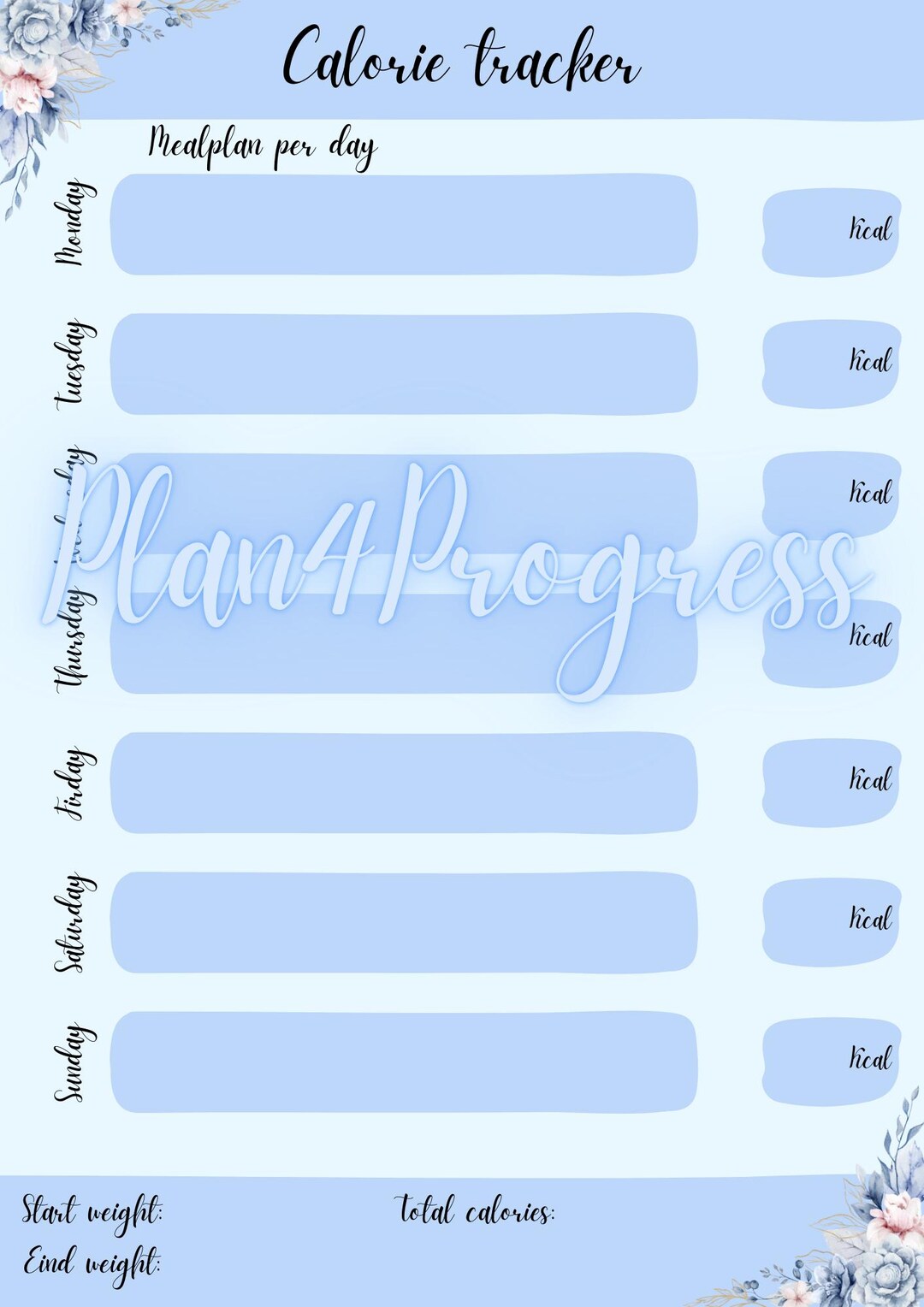 Printable Calorie Tracker - Minimalist Blue Design, Simple Food Log for ...