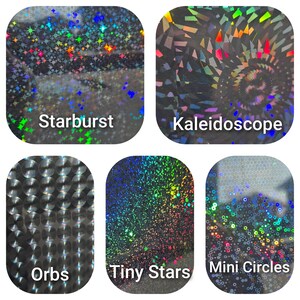 Peut inclure: Cinq mod&egrave;les d'autocollants holographiques sont pr&eacute;sent&eacute;s. Les motifs comprennent Starburst, Kaleidoscope, Orbs, Tiny Stars et Mini Cercles. Chaque motif a un motif et une palette de couleurs uniques, avec des qualit&eacute;s iridescentes et r&eacute;fl&eacute;chissantes.