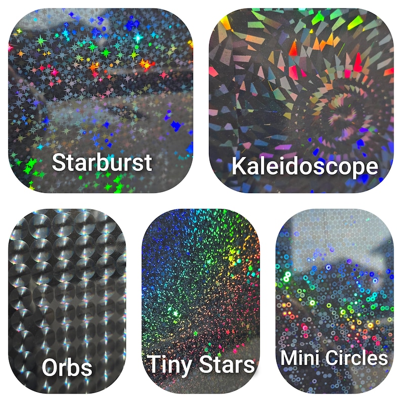 Peut inclure: Cinq mod&egrave;les d'autocollants holographiques sont pr&eacute;sent&eacute;s. Les motifs comprennent Starburst, Kaleidoscope, Orbs, Tiny Stars et Mini Cercles. Chaque motif a un motif et une palette de couleurs uniques, avec des qualit&eacute;s iridescentes et r&eacute;fl&eacute;chissantes.
