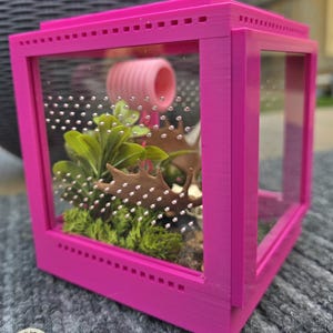 May include: A bright pink terrarium with clear glass panels. Inside, there's a pink tube, artificial plants, and a brown decorative piece. The terrarium is designed with small ventilation holes and is likely for small pets.