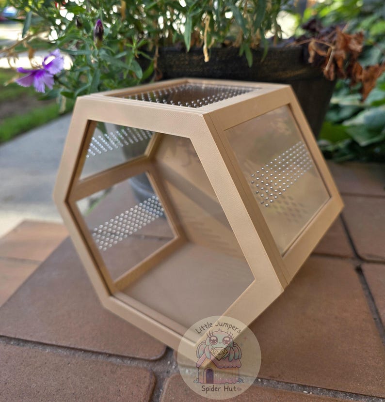 Peut inclure: Un terrarium g&eacute;om&eacute;trique beige avec des panneaux transparents perfor&eacute;s. Le terrarium a une forme hexagonale et est con&ccedil;u pour les petits animaux. L'image comprend un logo qui dit "Little Jumpers Spider Hut".